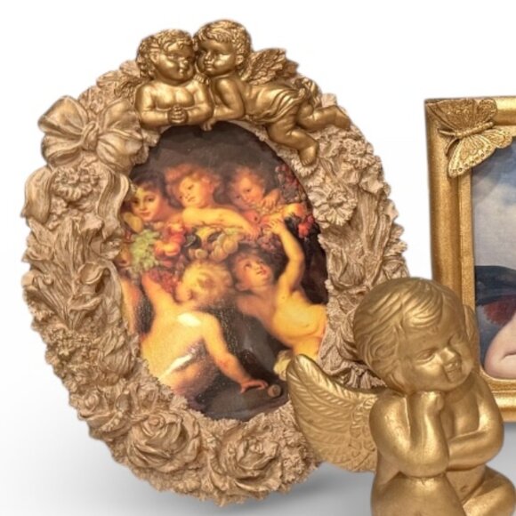 3 Vintage High Relief Gold Frames with Angel Pictures and Ceramic Gold Cherub - Picture 14 of 17
